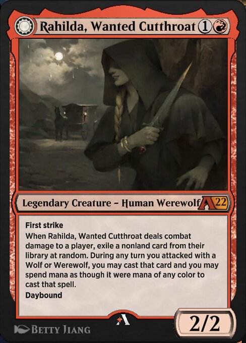 Rahilda, Wanted Cutthroat // Rahilda, Feral Outlaw #42 – Alchemy: Innistrad Rahilda, Wanted Cutthroat // Rahilda, Feral Outlaw from Alchemy: Innistrad (Mythic)